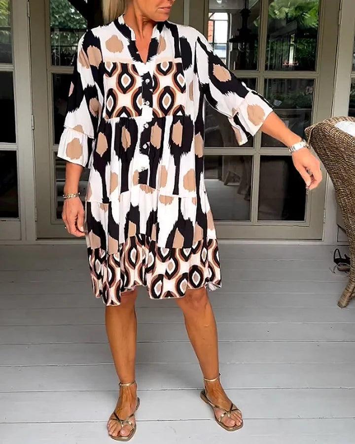 Trendy short-sleeved dress with abstract print & loose fit – Liora-Brown-S-State of Style