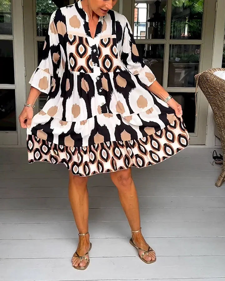Trendy short-sleeved dress with abstract print & loose fit – Liora-Brown-S-State of Style