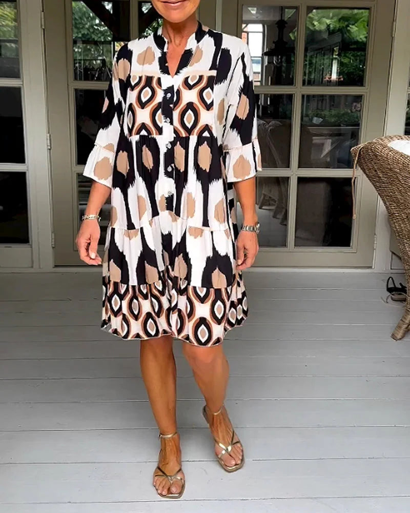 Trendy short-sleeved dress with abstract print & loose fit – Liora-Brown-S-State of Style