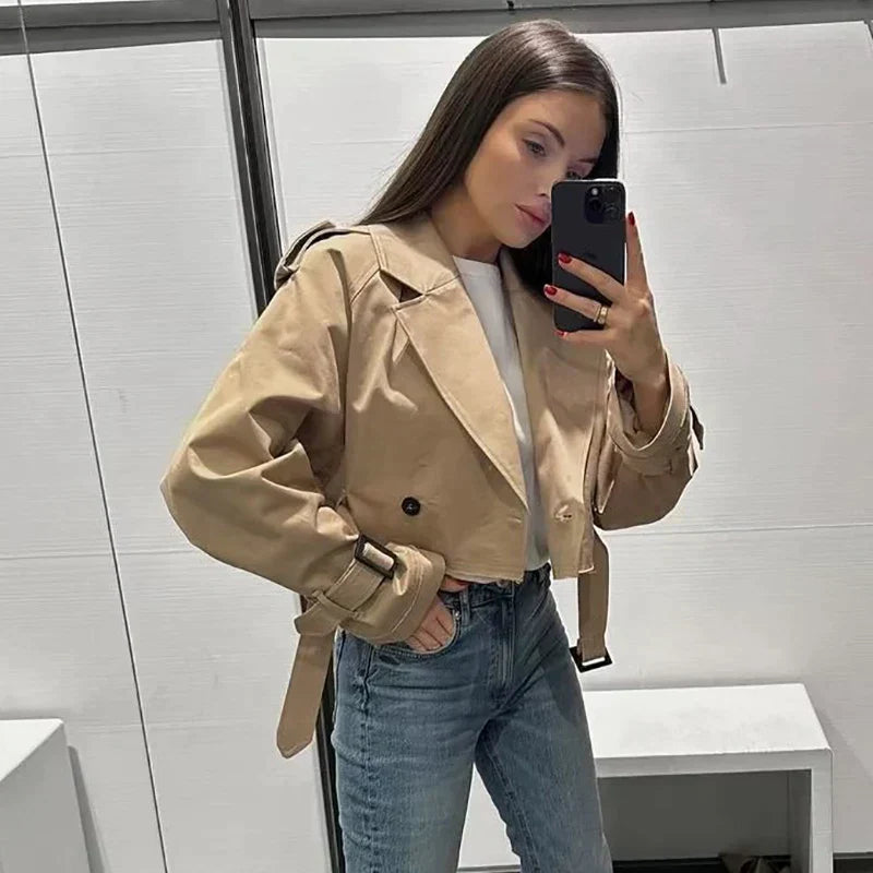 Trendy Short Women's Trench Coat with Belt – Amelie-Beige-XS-State of Style