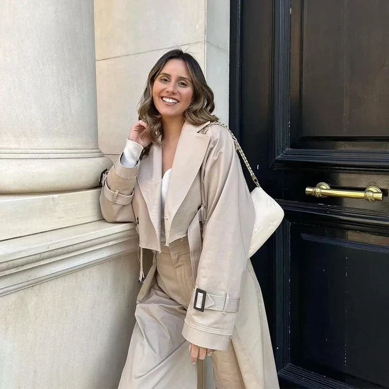 Trendy Short Women's Trench Coat with Belt – Amelie-Beige-XS-State of Style