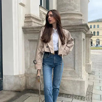 Trendy Short Women's Trench Coat with Belt – Amelie-Beige-XS-State of Style