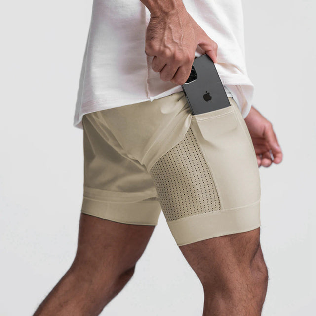 Trendy sports shorts with breathable material and side pocket – Marky-Khaki-S-State of Style