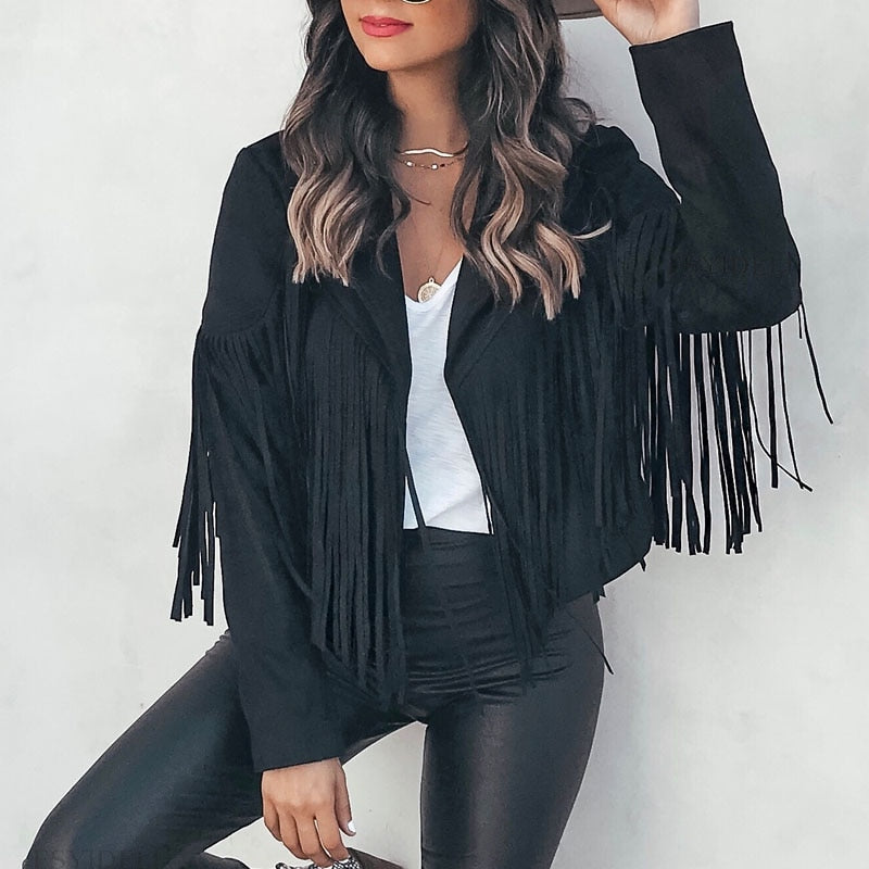 Trendy Suede Ladies Jacket with Fringes - Isabella-Black-S-State of Style
