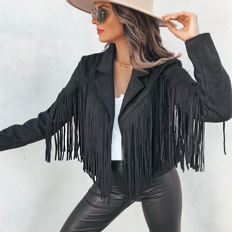 Trendy Suede Ladies Jacket with Fringes - Isabella-Black-S-State of Style