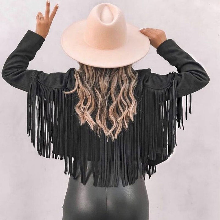 Trendy Suede Ladies Jacket with Fringes - Isabella-Black-S-State of Style