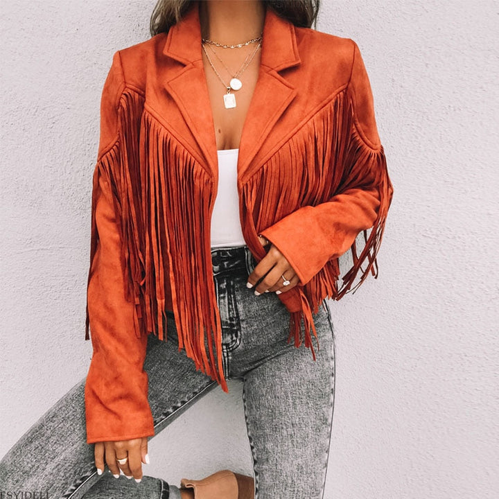 Trendy Suede Ladies Jacket with Fringes - Isabella-Black-S-State of Style