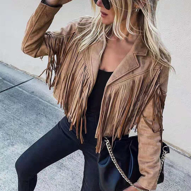 Trendy Suede Ladies Jacket with Fringes - Isabella-Chestnut Brown-S-State of Style