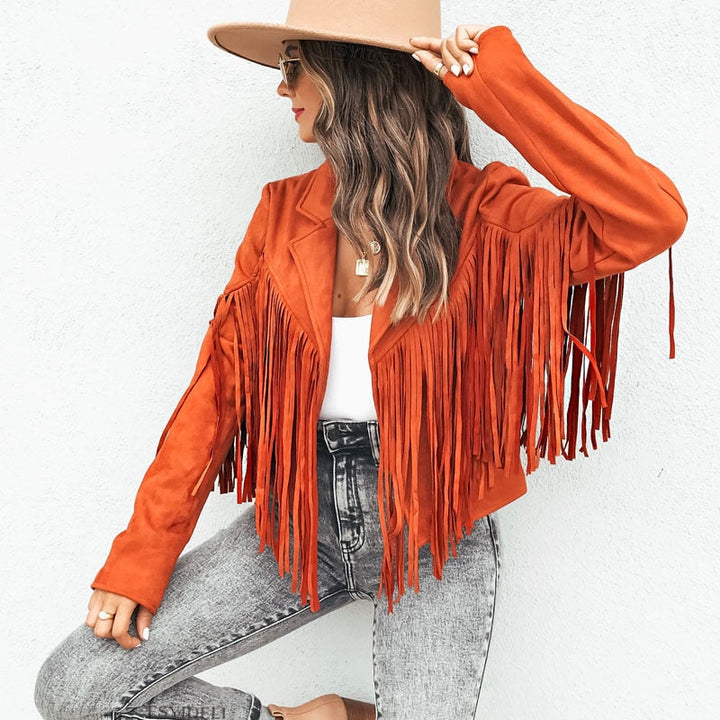 Trendy Suede Ladies Jacket with Fringes - Isabella-Orange-S-State of Style