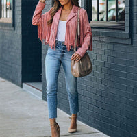 Trendy Suede Ladies Jacket with Fringes - Isabella-Pink-S-State of Style