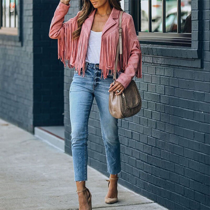 Trendy Suede Ladies Jacket with Fringes - Isabella-Pink-S-State of Style
