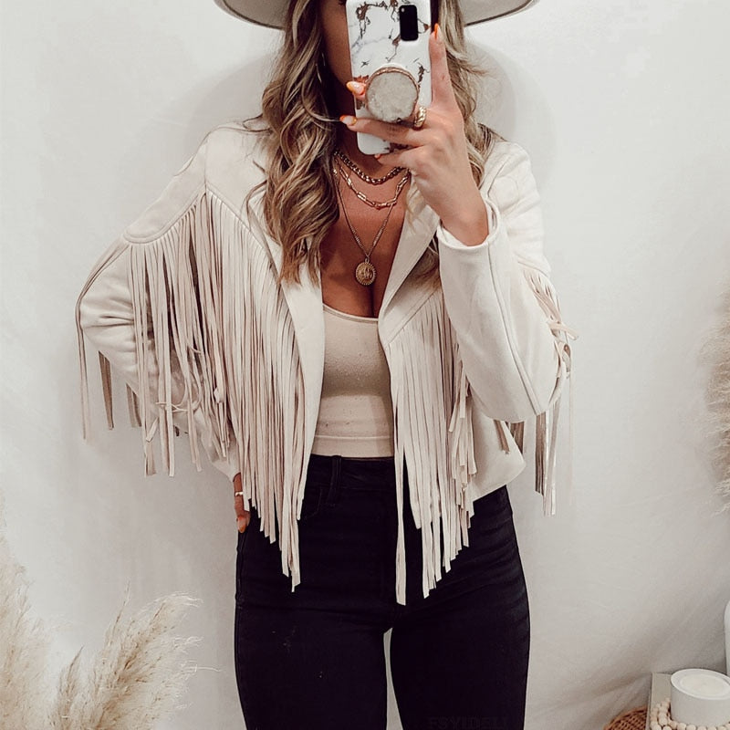 Trendy Suede Ladies Jacket with Fringes - Isabella-White-S-State of Style