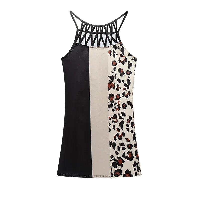 Trendy summer tunic dress with ethnic print & spaghetti straps – Kiara-Leopard print-S-State of Style
