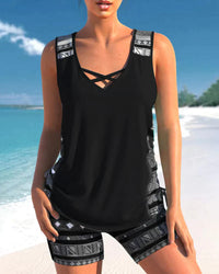 Trendy swimwear with V-neck and geometric pattern – Tankini set Madonna-Black-S-State of Style