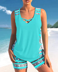 Trendy swimwear with V-neck and geometric pattern – Tankini set Madonna-Cyan-S-State of Style