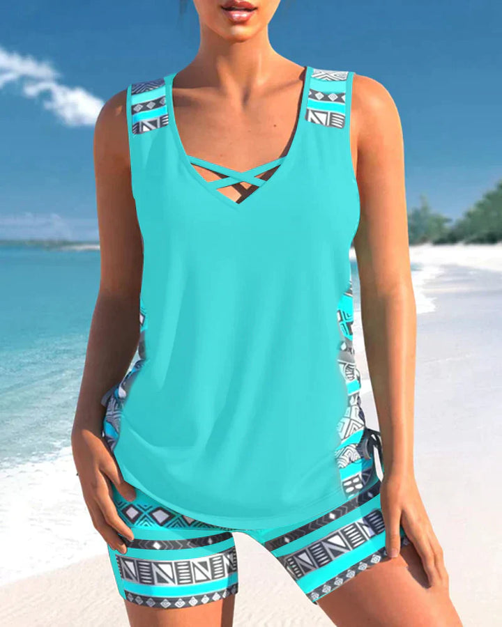Trendy swimwear with V-neck and geometric pattern – Tankini set Madonna-Cyan-S-State of Style