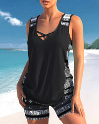 Trendy swimwear with V-neck and geometric pattern – Tankini set Madonna-Gray-S-State of Style