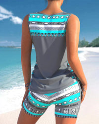Trendy swimwear with V-neck and geometric pattern – Tankini set Madonna-Gray-S-State of Style