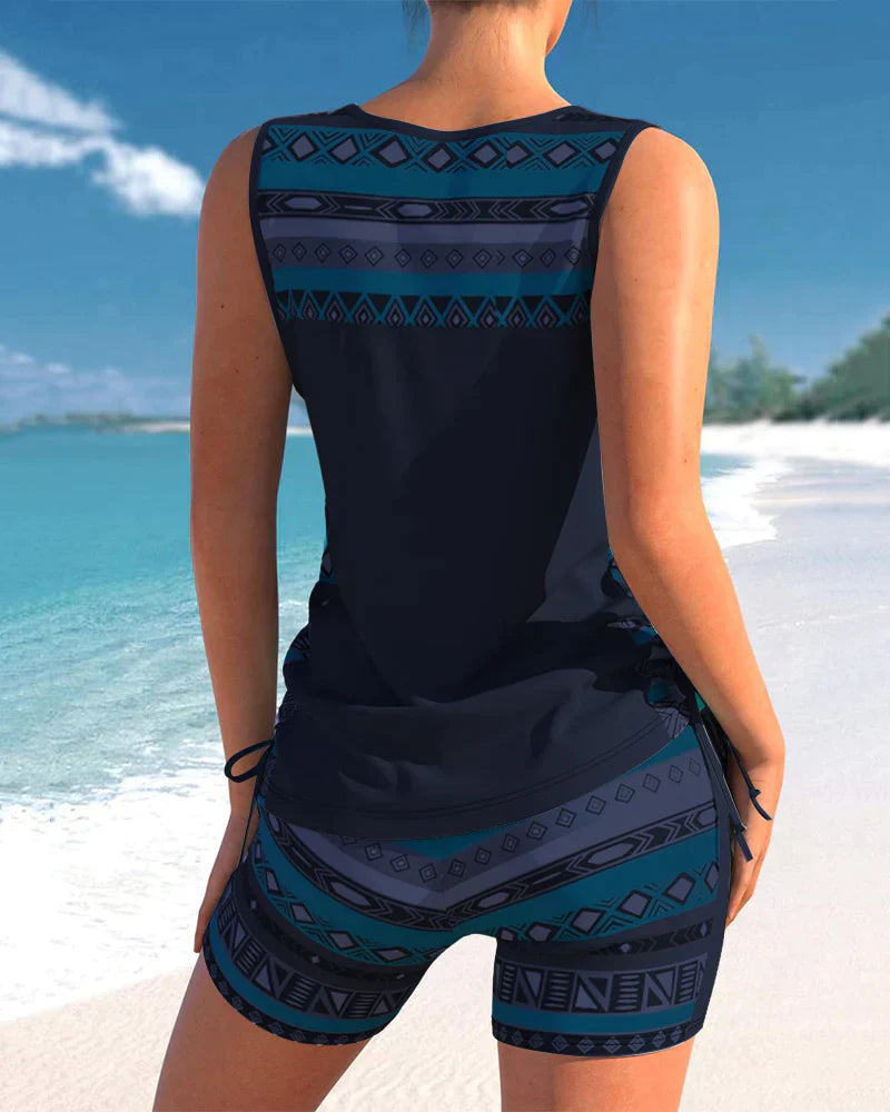 Trendy swimwear with V-neck and geometric pattern – Tankini set Madonna-Gray-S-State of Style