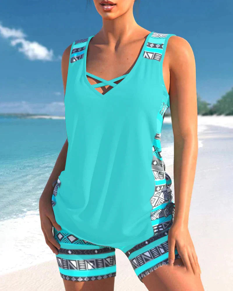 Trendy swimwear with V-neck and geometric pattern – Tankini set Madonna-Gray-S-State of Style
