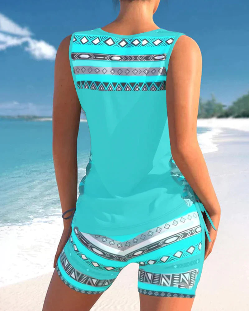 Trendy swimwear with V-neck and geometric pattern – Tankini set Madonna-Gray-S-State of Style