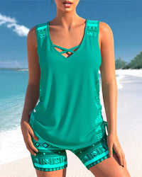 Trendy swimwear with V-neck and geometric pattern – Tankini set Madonna-Green-S-State of Style