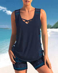 Trendy swimwear with V-neck and geometric pattern – Tankini set Madonna-Navy blue-S-State of Style