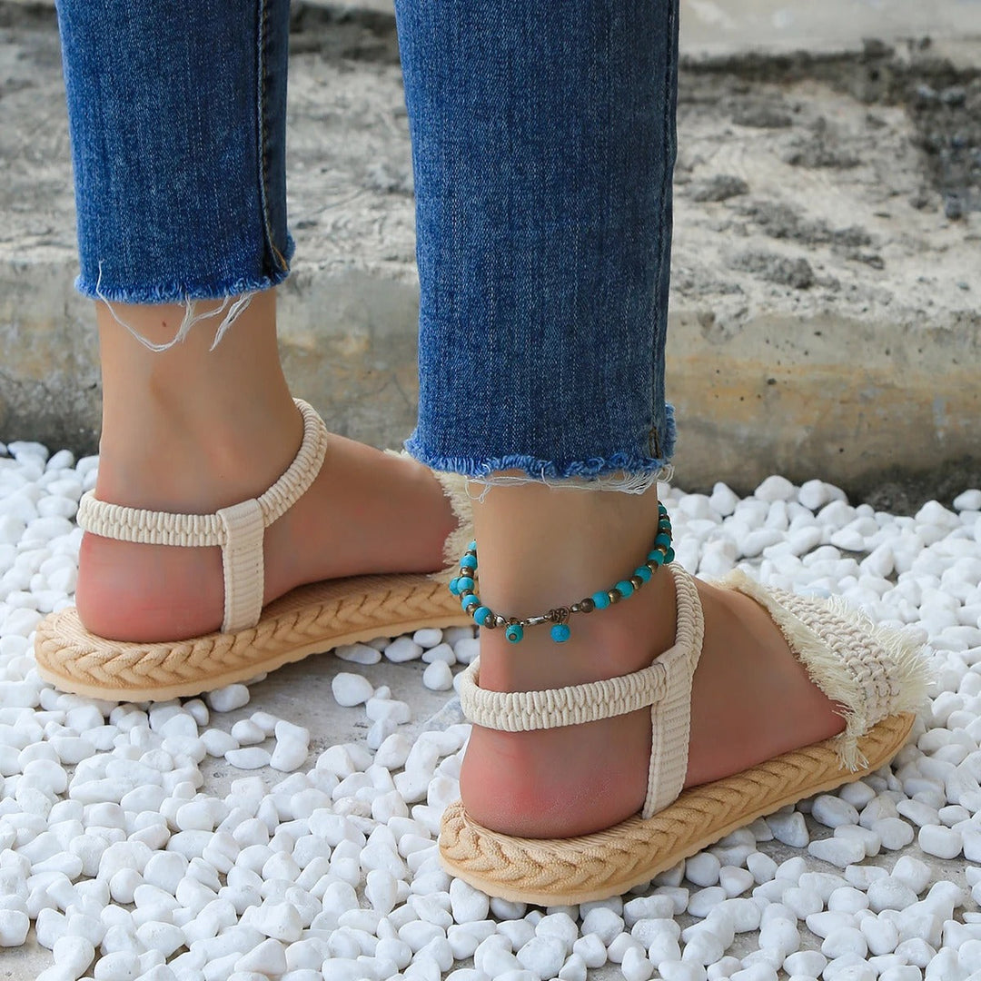 Trendy tassel sandals with low heel – Juliet-Beige-3.5-State of Style