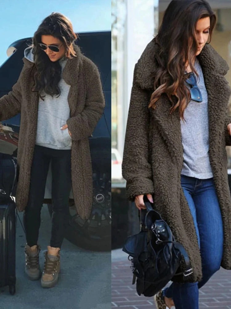 Trendy Warm Long Teddy Coat for Women - Isla-Apricot-S-State of Style