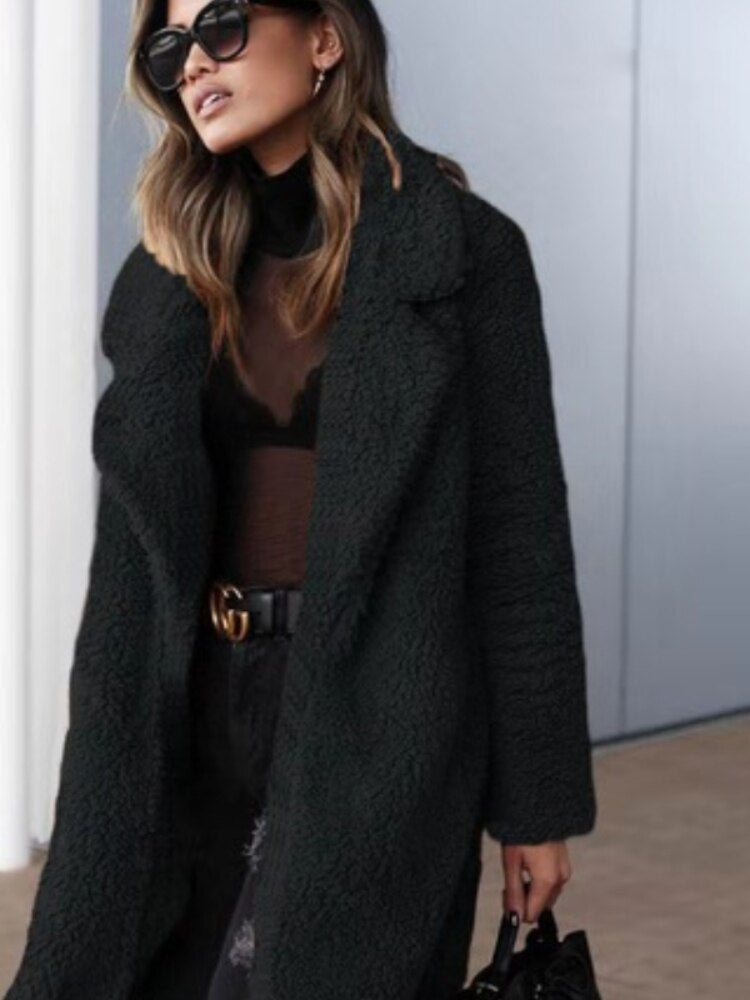 Trendy Warm Long Teddy Coat for Women - Isla-Black-S-State of Style