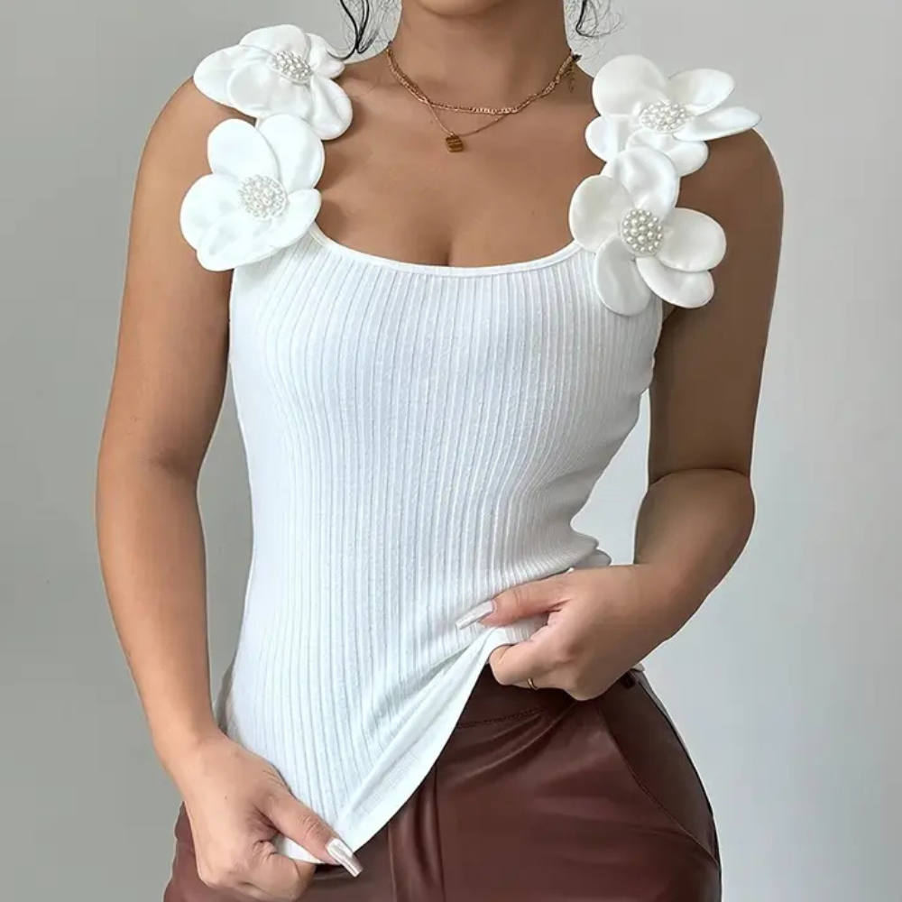 Trendy White Sleeveless Ladies' Top with Floral Details - Elara-XS-State of Style