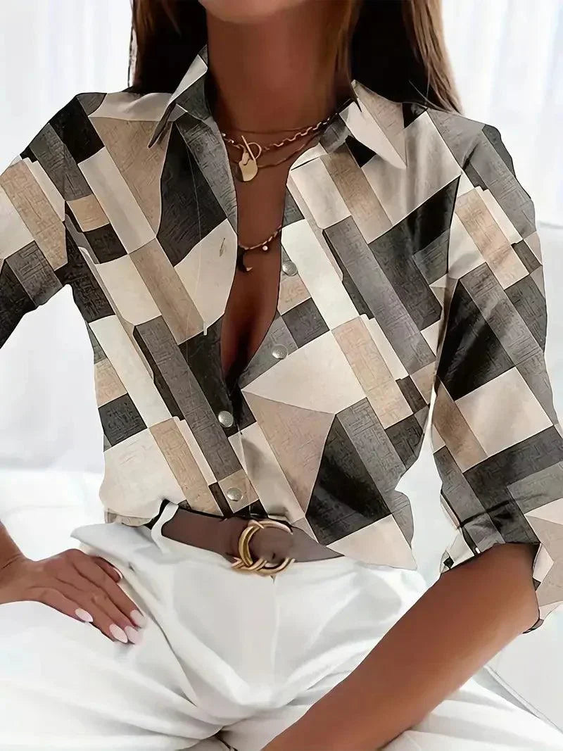 Trendy women's blouse with abstract pattern and button placket – Marlene-Apricot-XS-State of Style