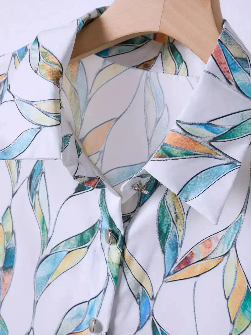 Trendy women's blouse with abstract pattern and button placket – Marlene-White-XS-State of Style