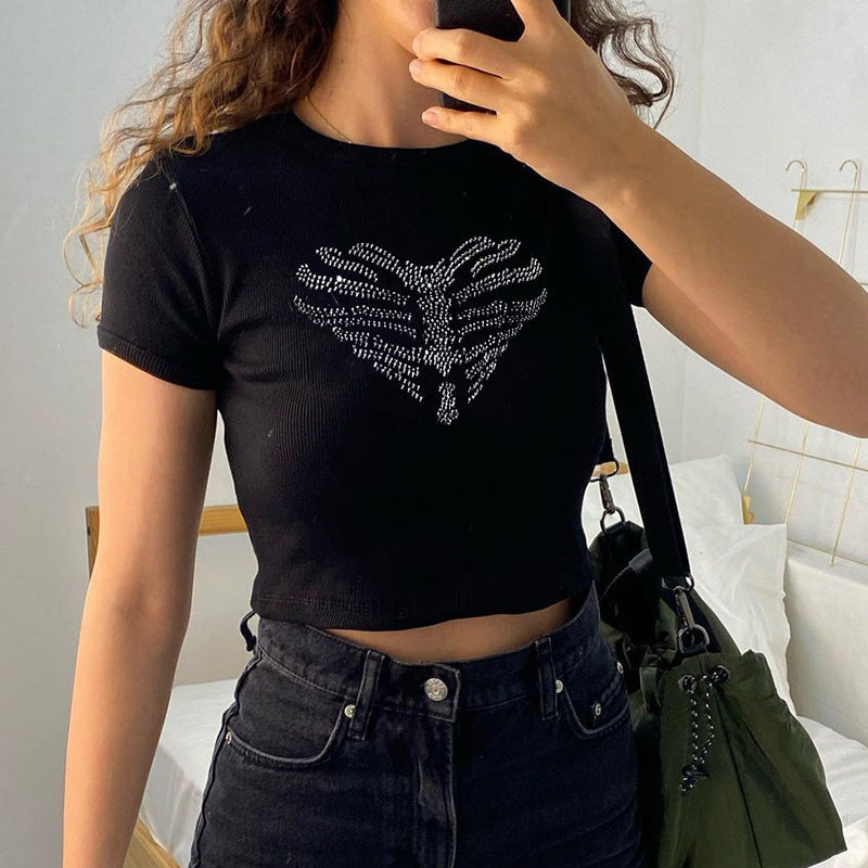 Trendy women's crop top with rhinestone skeleton pattern – Yara-L-State of Style