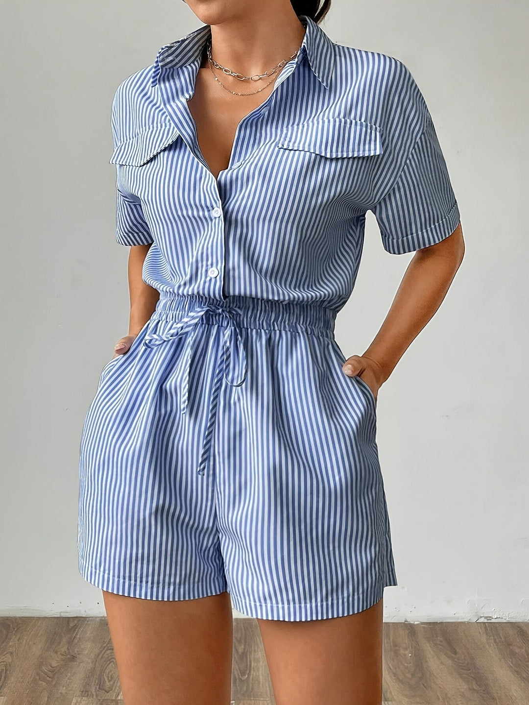 Trendy women's jumpsuit with short sleeves for summer - StripeFresh-S-State of Style