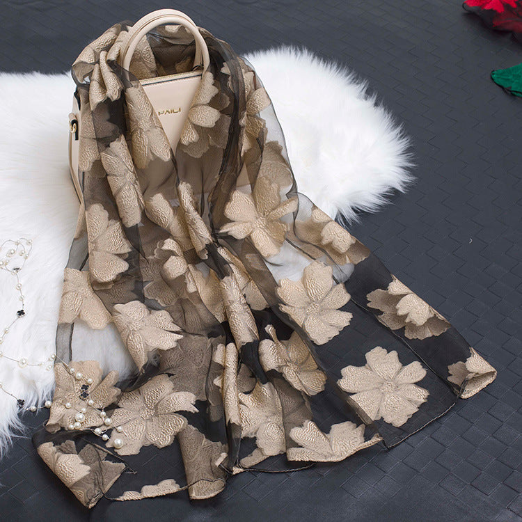 Trendy women's silk scarf with floral pattern and cut-out design – Fiora (1+1 FREE)-Beige-State of Style