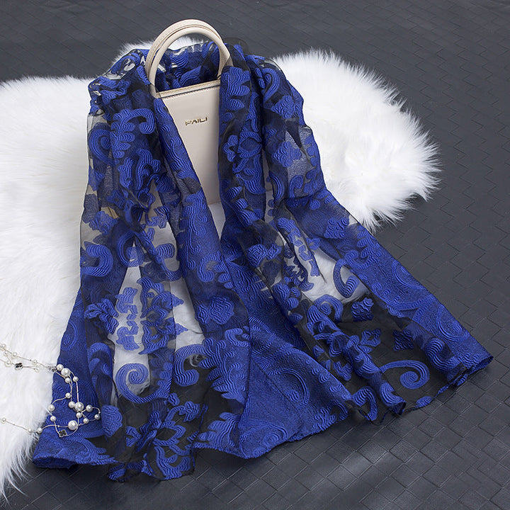 Trendy women's silk scarf with floral pattern and cut-out design – Fiora (1+1 FREE)-Blue flower-State of Style