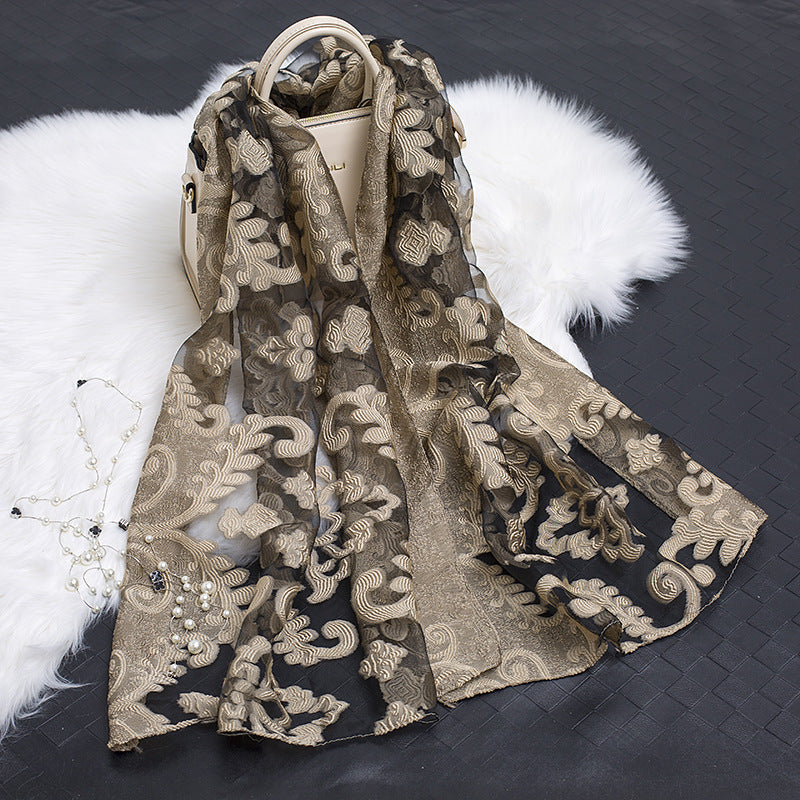 Trendy women's silk scarf with floral pattern and cut-out design – Fiora (1+1 FREE)-Flower beige-State of Style