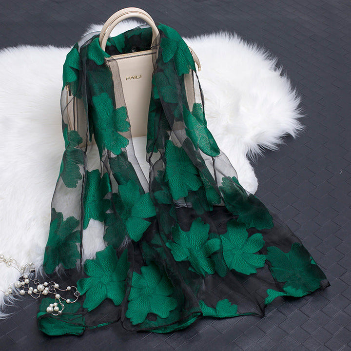 Trendy women's silk scarf with floral pattern and cut-out design – Fiora (1+1 FREE)-Green-State of Style