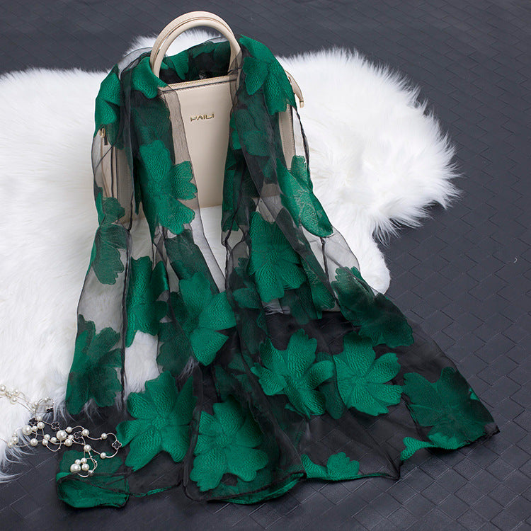 Trendy women's silk scarf with floral pattern and cut-out design – Fiora (1+1 FREE)-Green-State of Style