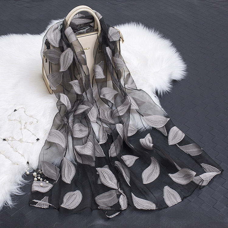 Trendy women's silk scarf with floral pattern and cut-out design – Fiora (1+1 FREE)-Grey leaves-State of Style