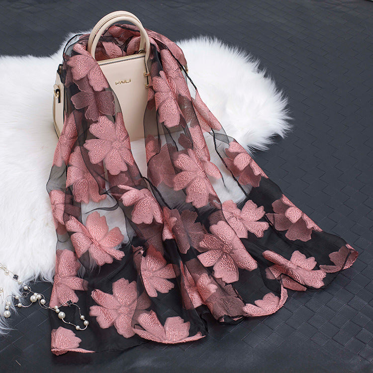 Trendy women's silk scarf with floral pattern and cut-out design – Fiora (1+1 FREE)-Leather pink-State of Style