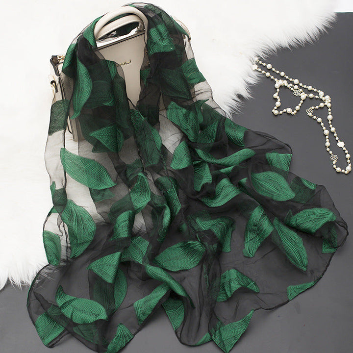 Trendy women's silk scarf with floral pattern and cut-out design – Fiora (1+1 FREE)-Leaves green-State of Style