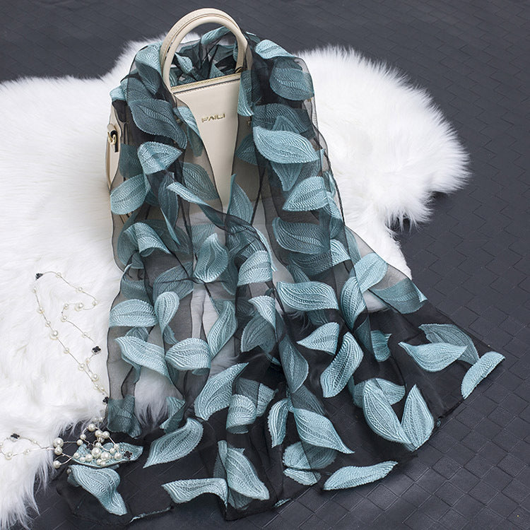 Trendy women's silk scarf with floral pattern and cut-out design – Fiora (1+1 FREE)-Leaves lake blue-State of Style