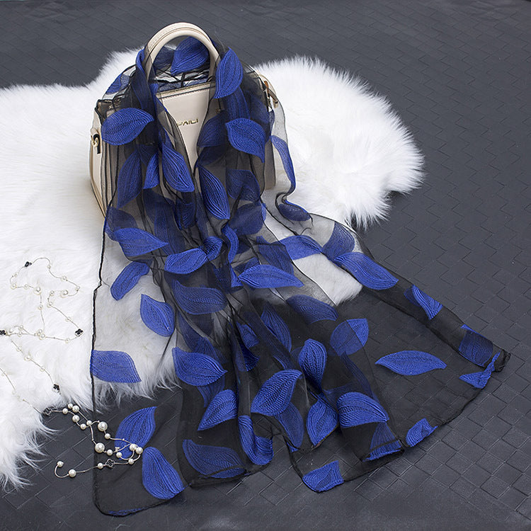 Trendy women's silk scarf with floral pattern and cut-out design – Fiora (1+1 FREE)-Leaves royal blue-State of Style