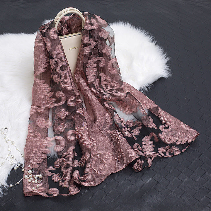 Trendy women's silk scarf with floral pattern and cut-out design – Fiora (1+1 FREE)-Pink flower-State of Style