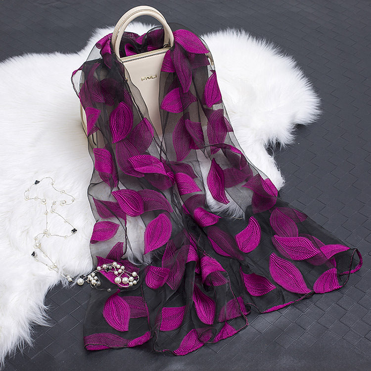 Trendy women's silk scarf with floral pattern and cut-out design – Fiora (1+1 FREE)-Pink leaves-State of Style