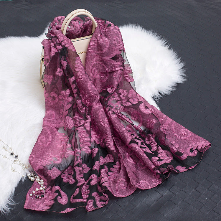 Trendy women's silk scarf with floral pattern and cut-out design – Fiora (1+1 FREE)-Purple flower-State of Style