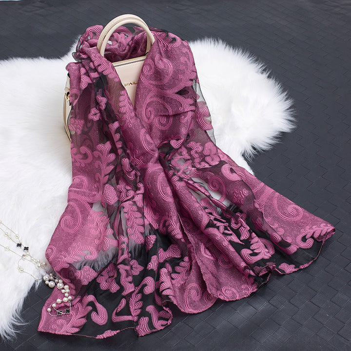 Trendy women's silk scarf with floral pattern and cut-out design – Fiora (1+1 FREE)-Purple flower-State of Style