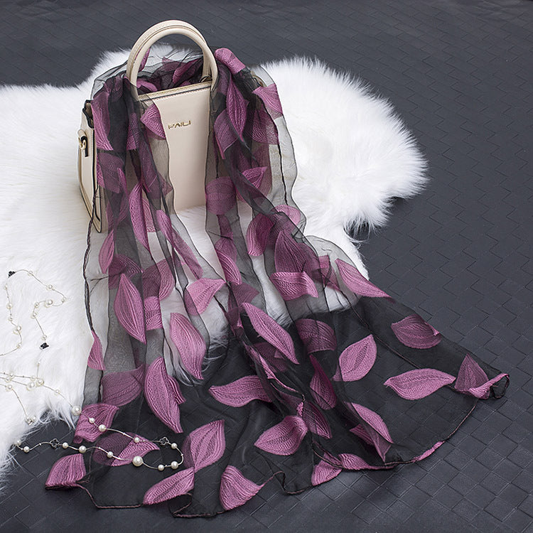 Trendy women's silk scarf with floral pattern and cut-out design – Fiora (1+1 FREE)-Purple leaves-State of Style